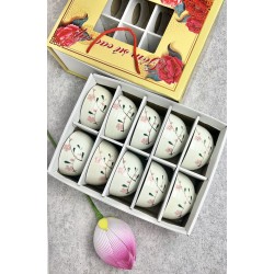 Bộ 10 bát ăn cơm Bát Tràng men kem vẽ hoa đào hồng BC02B