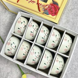 Bộ 10 bát ăn cơm Bát Tràng men kem vẽ hoa đào hồng BC02B