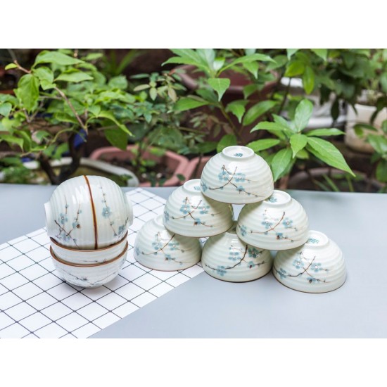 Bộ 10 bát ăn cơm Bát Tràng men kem vẽ hoa đào xanh BC02C
