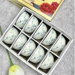 Bộ 10 bát ăn cơm Bát Tràng men kem vẽ hoa đào xanh BC02C
