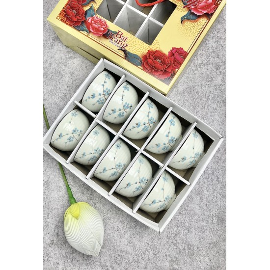Bộ 10 bát ăn cơm Bát Tràng men kem vẽ hoa đào xanh BC02C