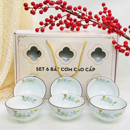 Bộ 6 bát ăn cơm Bát Tràng vẽ đào xanh BC03