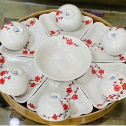 Bộ bát đĩa hoa mặt trời vẽ hoa đào đỏ DA05