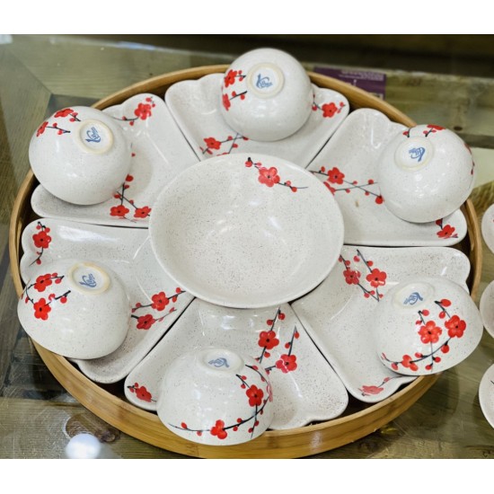 Bộ bát đĩa hoa mặt trời vẽ hoa đào đỏ DA05