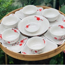 Bộ bát đĩa hoa mặt trời vẽ hoa đào đỏ DA05