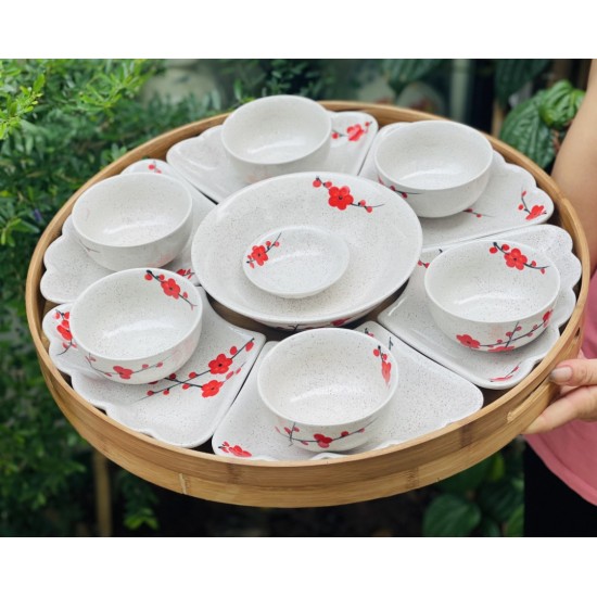 Bộ bát đĩa hoa mặt trời vẽ hoa đào đỏ DA05