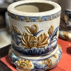 Bát hương Bát Tràng men rạn đắp nổi hoa sen BH01C