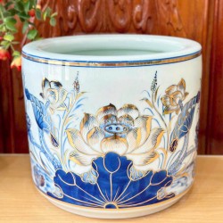 Bát hương men lam vẽ vàng hoa sen nhiều kích thước BH03