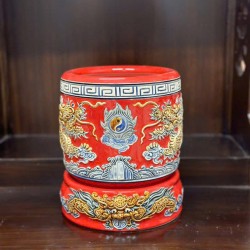 Bát hương Bát Tràng men đỏ đắp nổi rồng BH04Đ
