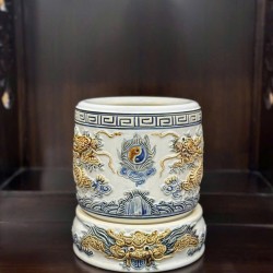 Bát hương Bát Tràng men trắng đắp nổi rồng BH04T