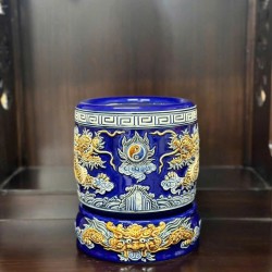 Bát hương Bát Tràng men xanh dương đắp nổi rồng BH04XD
