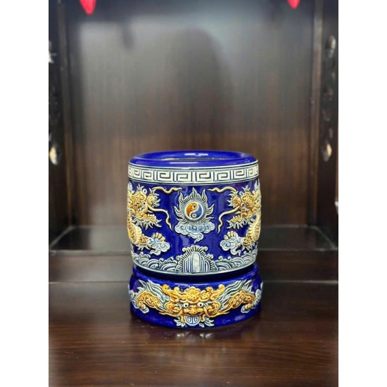 Bát hương Bát Tràng men xanh dương đắp nổi rồng BH04XD