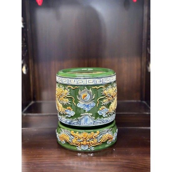 Bát hương Bát Tràng men xanh lá cây đắp nổi rồng BH04XLC