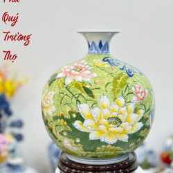 Bình hút tài lộc vẽ Sen Hạc Bát Tràng cao 30cm BL34B