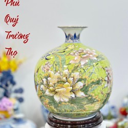 Bình hút tài lộc vẽ vàng Sen Hạc Bát Tràng cao 35cm BL34C