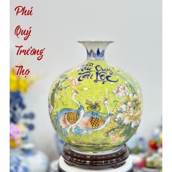 Bình hút tài lộc vẽ vàng Sen Hạc Bát Tràng cao 35cm BL34C