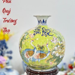 Bình hút tài lộc vẽ vàng Sen Hạc Bát Tràng cao 35cm BL34C