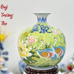 Bình hút tài lộc vẽ Sen Hạc Bát Tràng cao 30cm BL34B