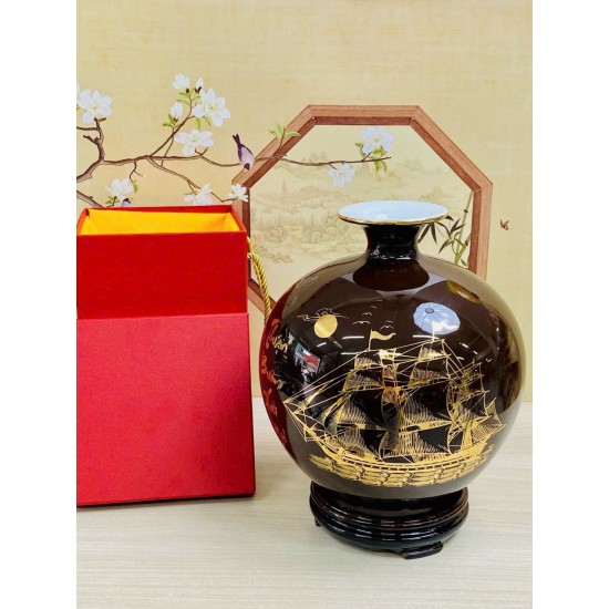 Bình hút lộc men nâu vẽ vàng Thuận Buồm Xuôi Gió BL40A Bình hút lộc men nâu vẽ vàng Thuận Buồm Xuôi Gió BL40A