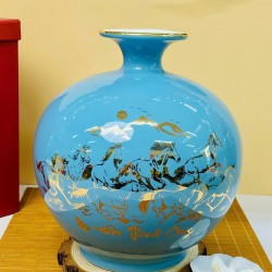 Bình hút lộc men xanh da trời vẽ vàng Mã Đáo Thành Công BL41D