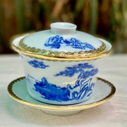 Bát sâm men lam vẽ sơn thủy Bát Tràng bọc đồng BS01 Bát sâm men lam vẽ sơn thủy Bát Tràng bọc đồng BS01