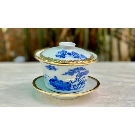 Bát sâm men lam vẽ sơn thủy Bát Tràng bọc đồng BS01 Bát sâm men lam vẽ sơn thủy Bát Tràng bọc đồng BS01