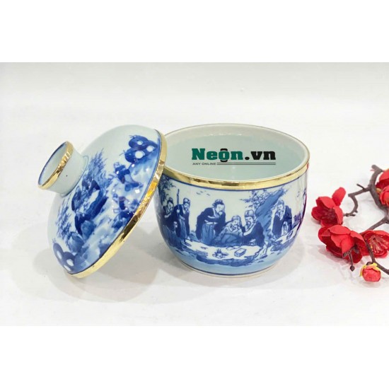 Bát nắp thờ Bát Tràng bọc đồng men lam vẽ Trúc Lâm Thất Hiền BS03 Bát nắp thờ Bát Tràng bọc đồng men lam vẽ Trúc Lâm Thất Hiền BS03
