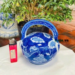 Bình vôi Bát Tràng men lam giả cổ vẽ Long Ẩn BV08A