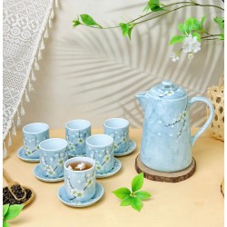 Bộ bình nước sứ Bát Tràng men xanh vân đá vẽ hoa mận trắng (đĩa rời)