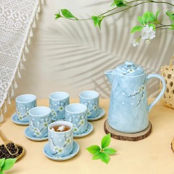 Bộ bình nước sứ Bát Tràng men xanh vân đá vẽ hoa mận trắng (đĩa rời)