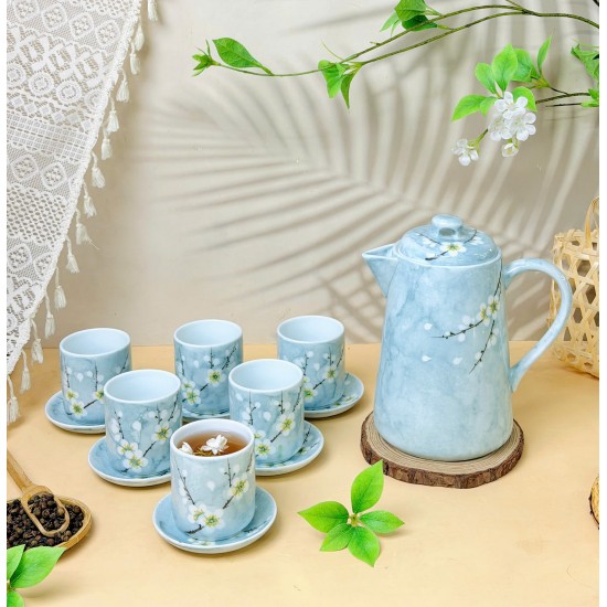 Bộ bình nước sứ Bát Tràng men xanh vân đá vẽ hoa mận trắng (đĩa rời) Bộ bình nước sứ Bát Tràng men xanh vân đá vẽ hoa mận trắng (đĩa rời)