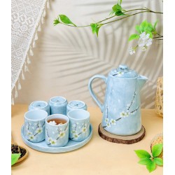 Bộ bình nước sứ Bát Tràng men xanh vân đá vẽ hoa mận trắng (đĩa chung)