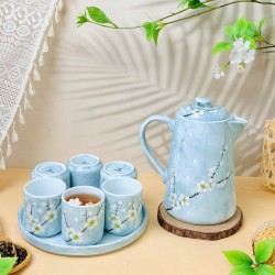 Bộ bình nước sứ Bát Tràng men xanh vân đá vẽ hoa mận trắng (đĩa chung)