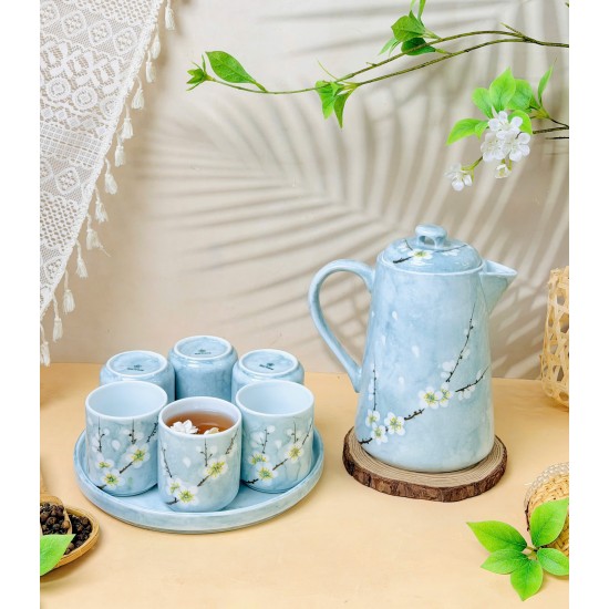 Bộ bình nước sứ Bát Tràng men xanh vân đá vẽ hoa mận trắng (đĩa chung)