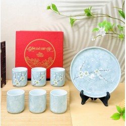 Bộ bình nước sứ Bát Tràng men xanh vân đá vẽ hoa mận trắng (đĩa chung)