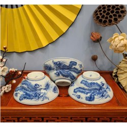 Bát chiết yêu men lam Bát Tràng vẽ Chim Phượng cổ CD09A