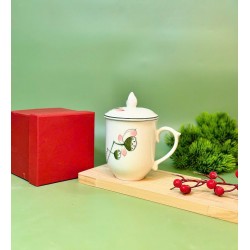 Cốc sứ có nắp Bát Tràng men kem vẽ đài sen