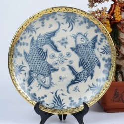 Đĩa gốm sứ men rạn bọc đồng Bát Tràng Song Ngư D01D