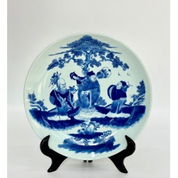 Đĩa gốm sứ trang trí Phúc Lộc Thọ men lam Bát Tràng D04