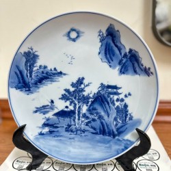 Đĩa trang trí phong thủy men lam Sơn Thủy phi 26cm D09C