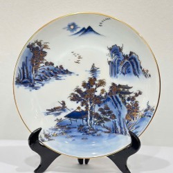 Đĩa trang trí phong thủy men lam vẽ vàng Sơn Thủy Hữu Tình phi 26cm D09D