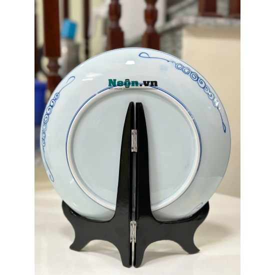 Đĩa trang trí phong thủy men lam Sen Trường Thọ D10A phi 28cm
