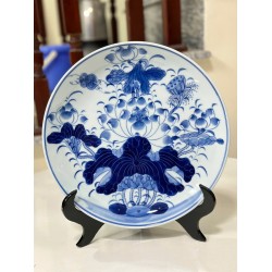 Đĩa trang trí phong thủy men lam Sen Trường Thọ D10A phi 28cm