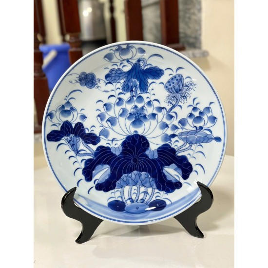 Đĩa trang trí phong thủy men lam Sen Trường Thọ D10A phi 28cm