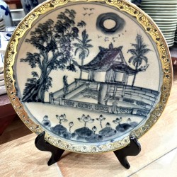 Đĩa gốm sứ Bát Tràng bọc đồng Chùa Một Cột D18A - Quà lưu niệm Hà Nội