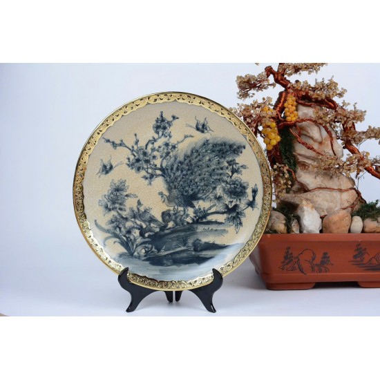 Đĩa gốm sứ men rạn Bát Tràng Chim Công Đào bọc đồng D21A