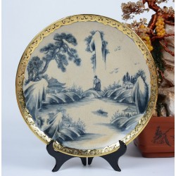 Đĩa gốm sứ men rạn bọc đồng Bát Tràng vẽ Sơn Thủy D25A