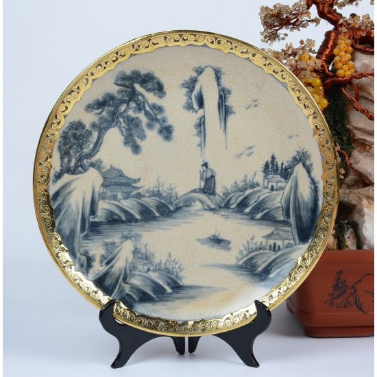 Đĩa gốm sứ men rạn bọc đồng Bát Tràng vẽ Sơn Thủy D25A Đĩa gốm sứ men rạn bọc đồng Bát Tràng vẽ Sơn Thủy D25A