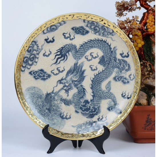 Đĩa gốm sứ men rạn bọc đồng Bát Tràng vẽ Rồng D26A Đĩa gốm sứ men rạn bọc đồng Bát Tràng vẽ Rồng D26A