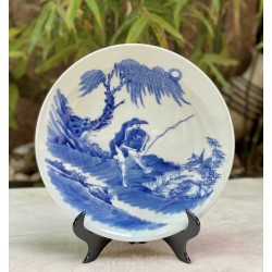 Đĩa trang trí phong thủy men lam Ngư Ông Đắc Lợi D33